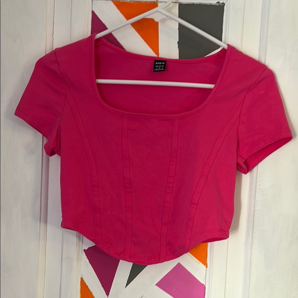 Forever 21 Pink Crop Top with Square Neckline and Short Sleeves